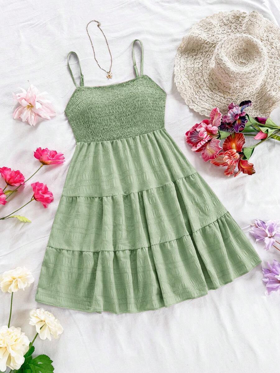 Soleia Women's Summer Holiday Solid Color Spaghetti Strap Dress With Ruffled Hem Mensa