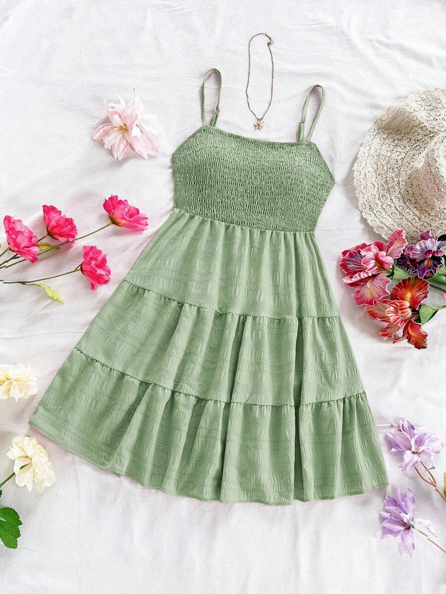 Soleia Women's Summer Holiday Solid Color Spaghetti Strap Dress With Ruffled Hem Mensa