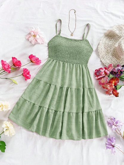 Soleia Women's Summer Holiday Solid Color Spaghetti Strap Dress With Ruffled Hem Mensa