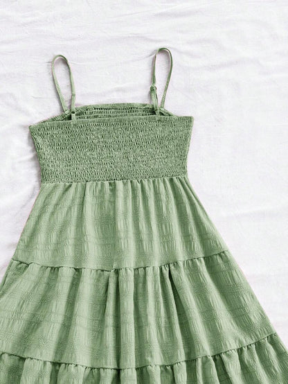 Soleia Women's Summer Holiday Solid Color Spaghetti Strap Dress With Ruffled Hem Mensa