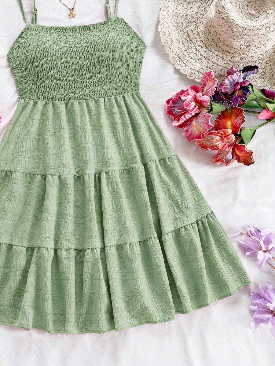 Soleia Women's Summer Holiday Solid Color Spaghetti Strap Dress With Ruffled Hem Mensa