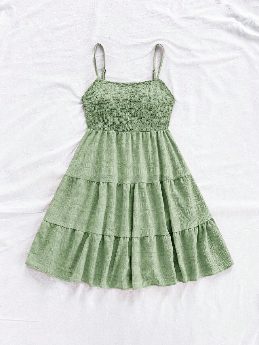 Soleia Women's Summer Holiday Solid Color Spaghetti Strap Dress With Ruffled Hem Mensa