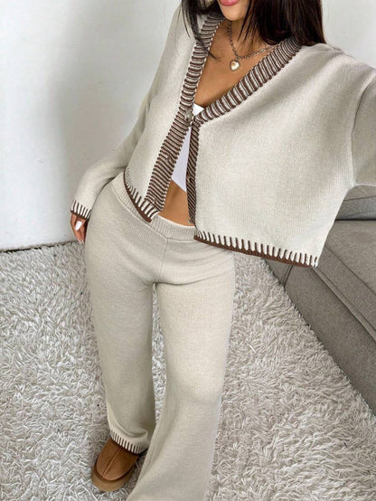 Domenica Contrast Trim Cropped Cardigan and Knit Pants Set - Burgundy
