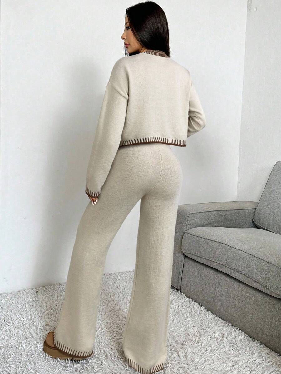 Domenica Contrast Trim Cropped Cardigan and Knit Pants Set - Grey