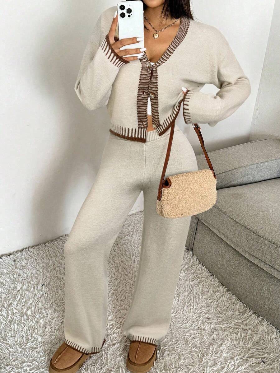 Domenica Contrast Trim Cropped Cardigan and Knit Pants Set - Khaki