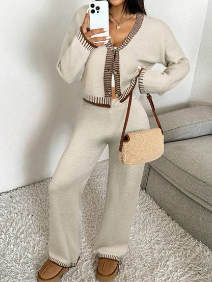 Domenica Contrast Trim Cropped Cardigan and Knit Pants Set - Khaki