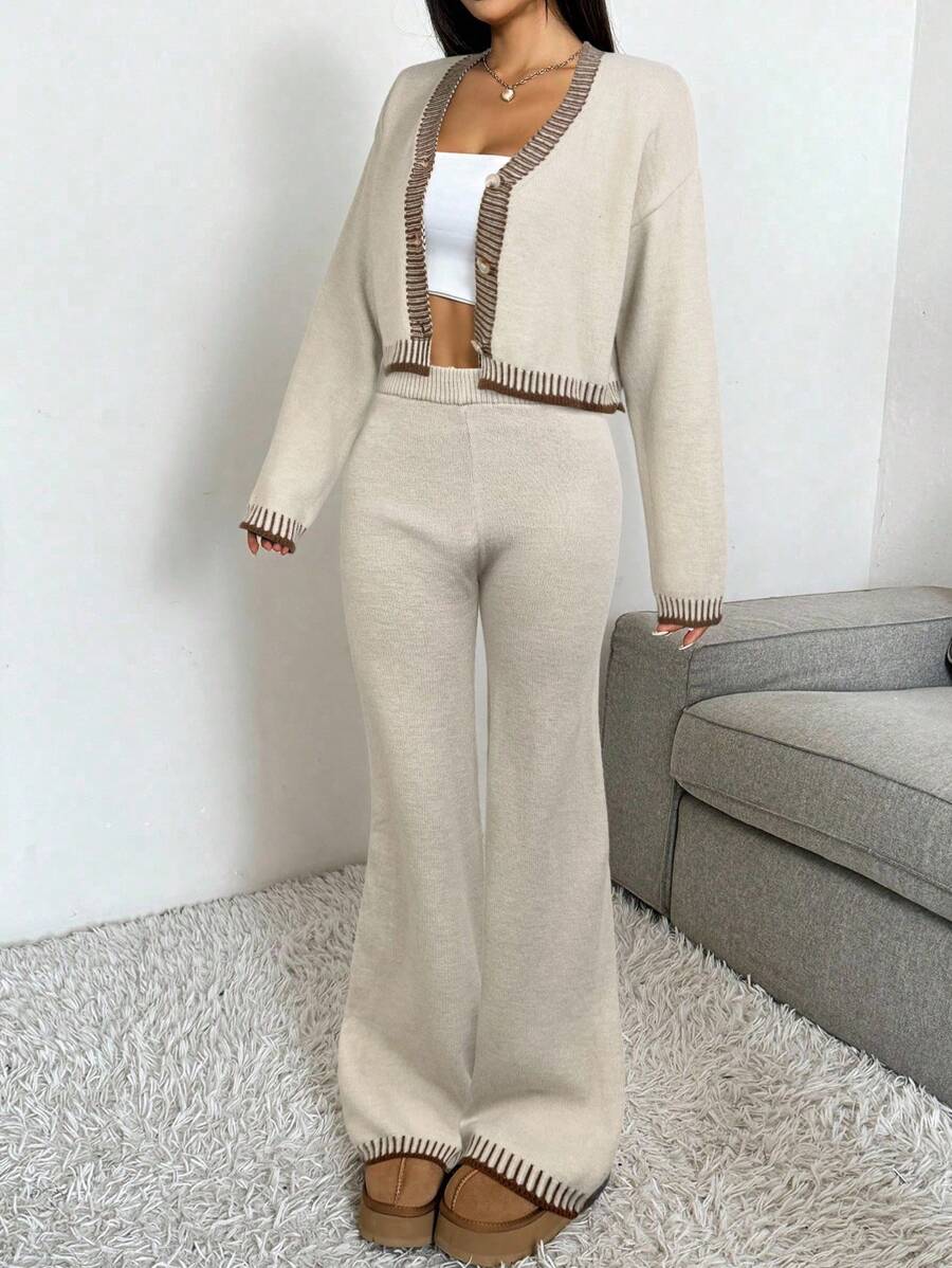 Domenica Contrast Trim Cropped Cardigan and Knit Pants Set - Navy Blue
