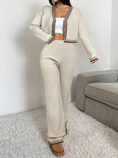 Domenica Contrast Trim Cropped Cardigan and Knit Pants Set - Apricot