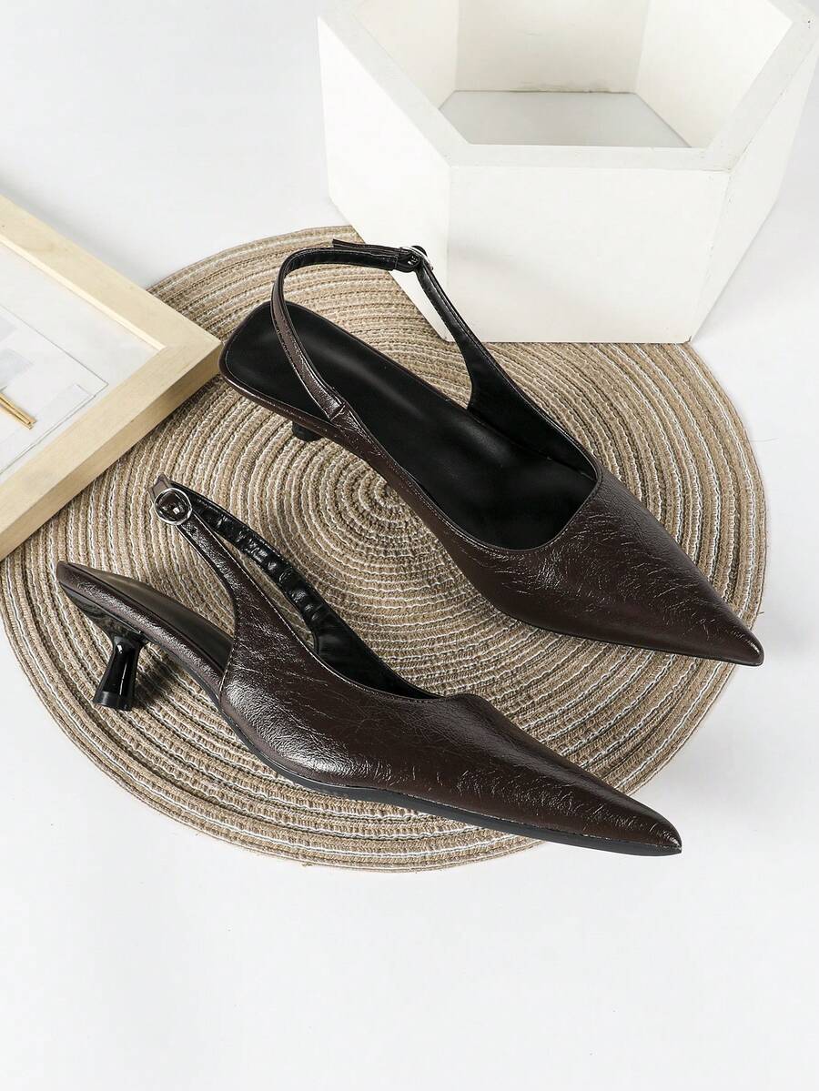 Women's Pointed Toe Slingback Mid Heel Pumps, Glossy Faux Leather Buckle Strap Kitten Heels for Work