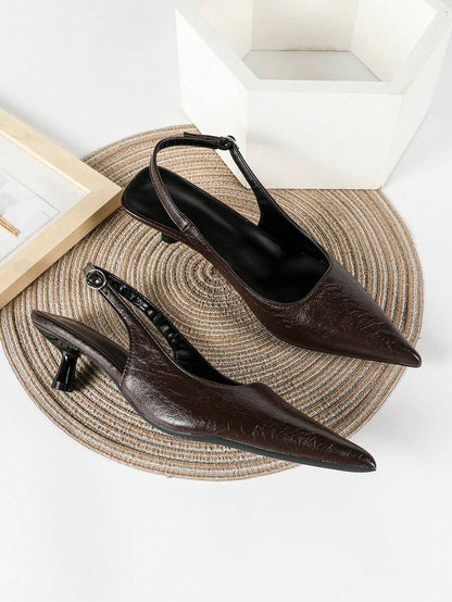 Women's Pointed Toe Slingback Mid Heel Pumps, Glossy Faux Leather Buckle Strap Kitten Heels for Work