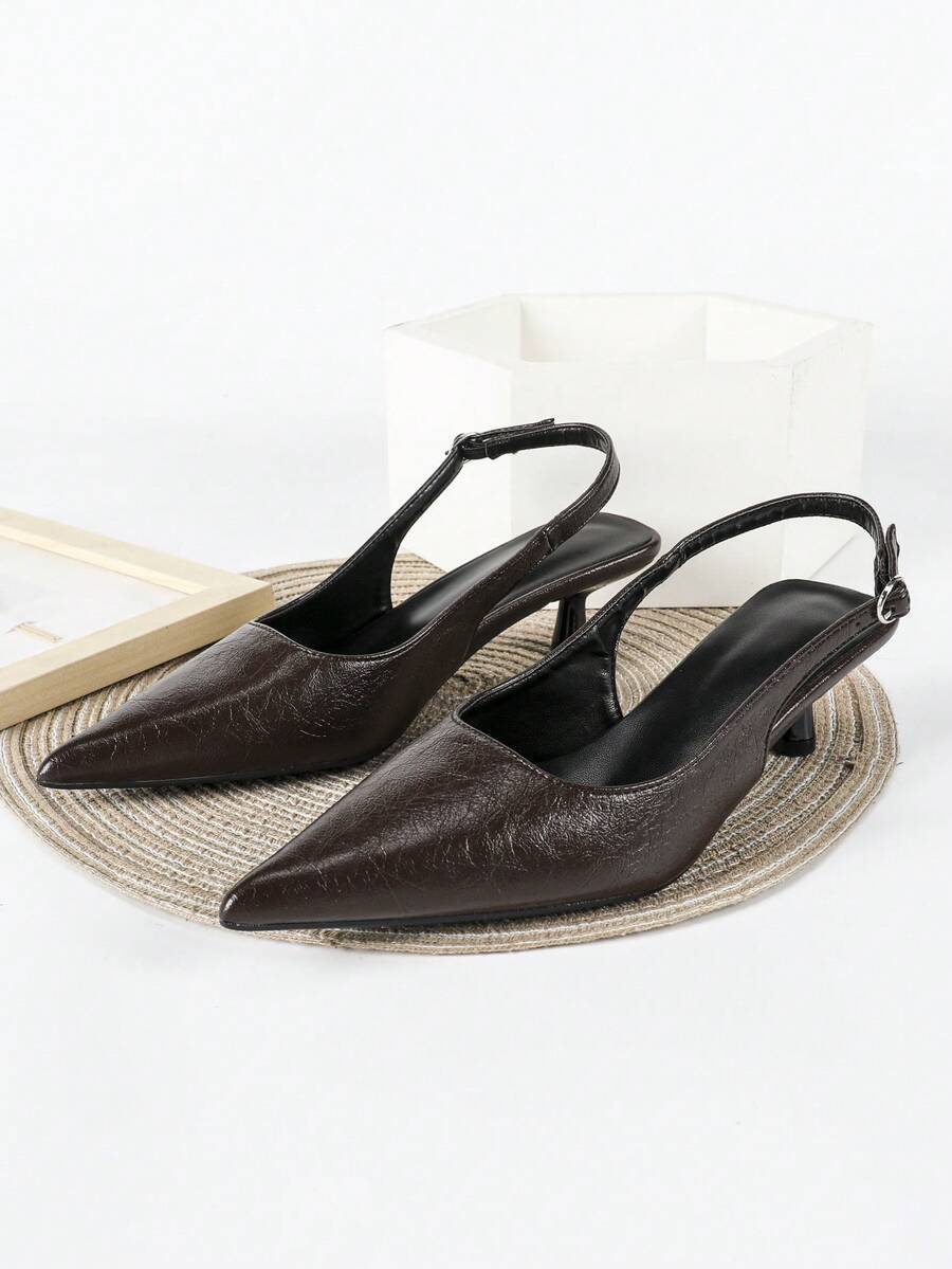 Women's Pointed Toe Slingback Mid Heel Pumps, Glossy Faux Leather Buckle Strap Kitten Heels for Work