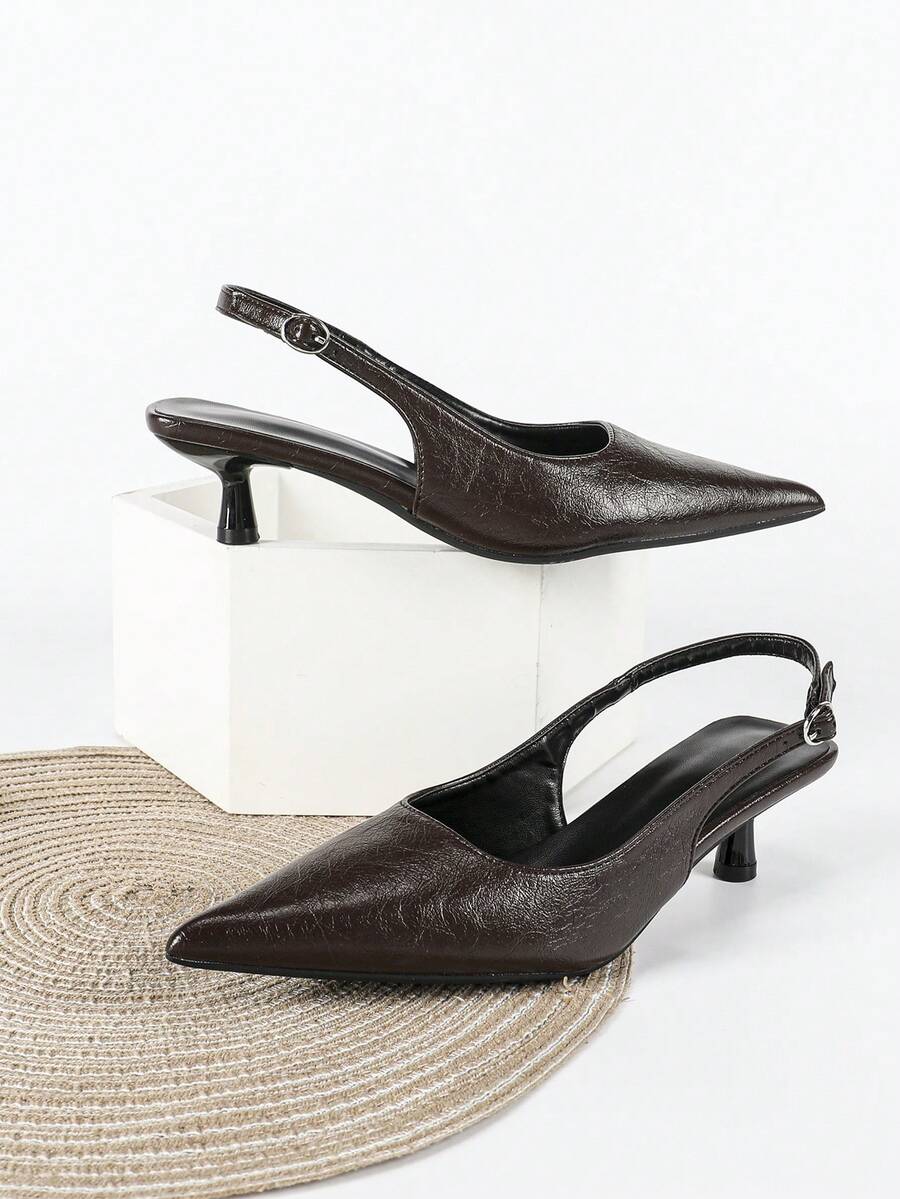 Women's Pointed Toe Slingback Mid Heel Pumps, Glossy Faux Leather Buckle Strap Kitten Heels for Work
