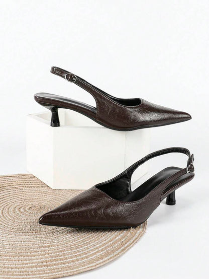 Women's Pointed Toe Slingback Mid Heel Pumps, Glossy Faux Leather Buckle Strap Kitten Heels for Work