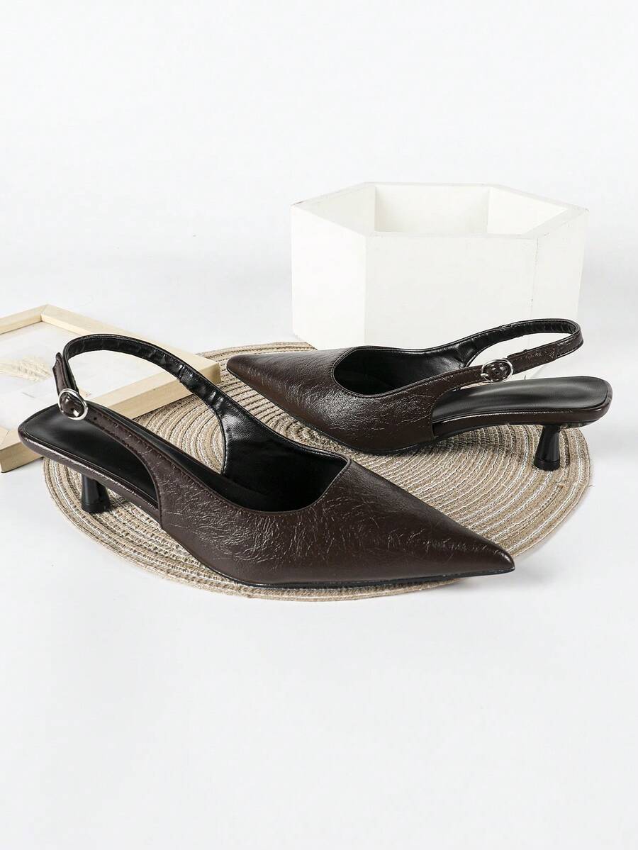Women's Pointed Toe Slingback Mid Heel Pumps, Glossy Faux Leather Buckle Strap Kitten Heels for Work