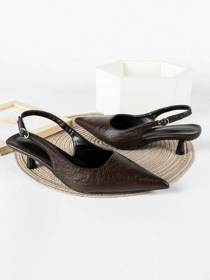 Women's Pointed Toe Slingback Mid Heel Pumps, Glossy Faux Leather Buckle Strap Kitten Heels for Work