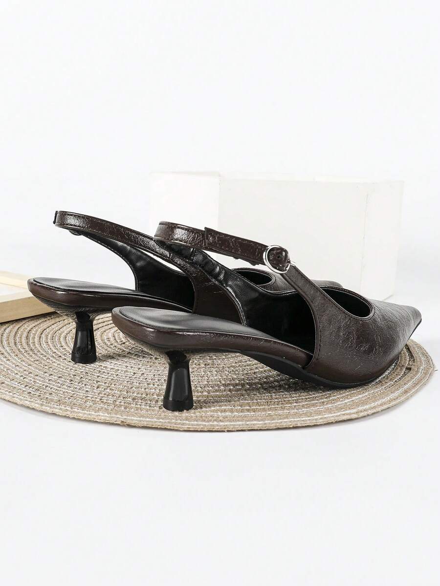 Women's Pointed Toe Slingback Mid Heel Pumps, Glossy Faux Leather Buckle Strap Kitten Heels for Work
