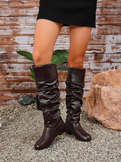 Elegant & Stylish Women's Comfortable Slip-On Knee-High Boots, Round Toe, Chunky Heel, Pleated Design, Plus Size, New Autumn/Winter 2025 Collection,Party Mensa