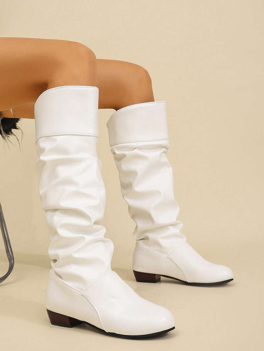 Elegant & Stylish Women's Comfortable Slip-On Knee-High Boots, Round Toe, Chunky Heel, Pleated Design, Plus Size, New Autumn/Winter 2025 Collection,Party Mensa