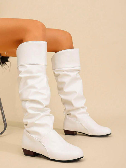 Elegant & Stylish Women's Comfortable Slip-On Knee-High Boots, Round Toe, Chunky Heel, Pleated Design, Plus Size, New Autumn/Winter 2025 Collection,Party Mensa