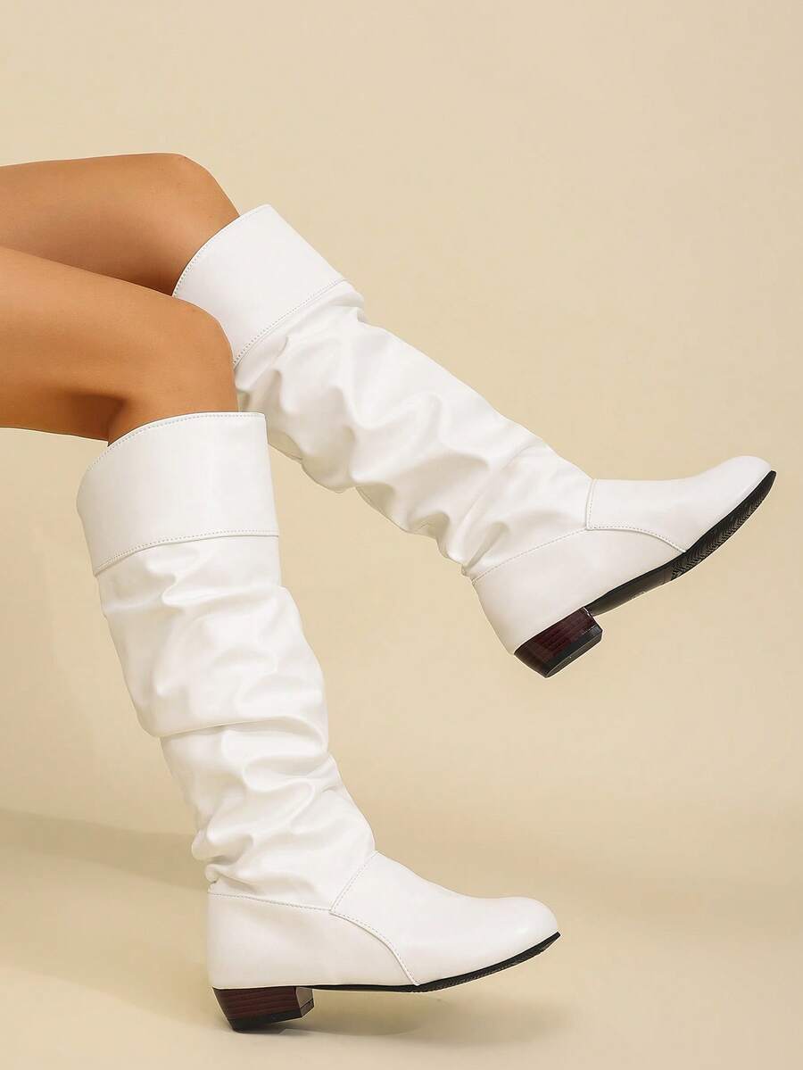 Elegant & Stylish Women's Comfortable Slip-On Knee-High Boots, Round Toe, Chunky Heel, Pleated Design, Plus Size, New Autumn/Winter 2025 Collection,Party Mensa