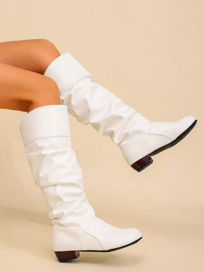 Elegant & Stylish Women's Comfortable Slip-On Knee-High Boots, Round Toe, Chunky Heel, Pleated Design, Plus Size, New Autumn/Winter 2025 Collection,Party Mensa