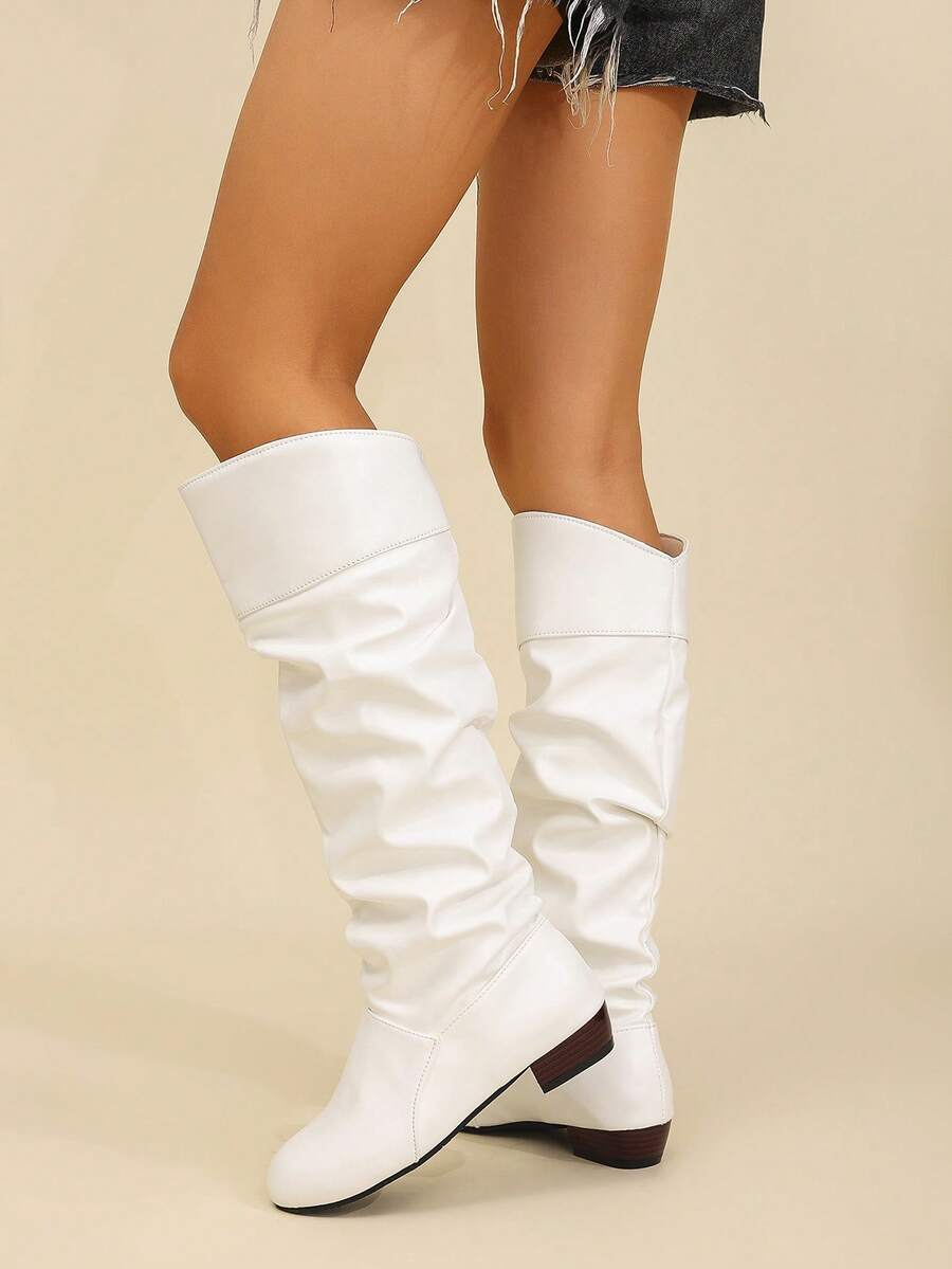 Elegant & Stylish Women's Comfortable Slip-On Knee-High Boots, Round Toe, Chunky Heel, Pleated Design, Plus Size, New Autumn/Winter 2025 Collection,Party Mensa