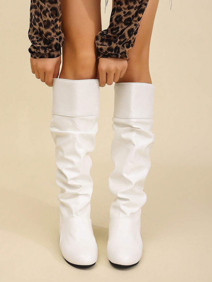 Elegant & Stylish Women's Comfortable Slip-On Knee-High Boots, Round Toe, Chunky Heel, Pleated Design, Plus Size, New Autumn/Winter 2025 Collection,Party Mensa