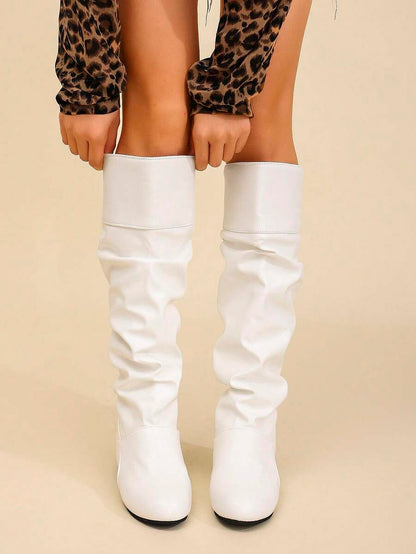 Elegant & Stylish Women's Comfortable Slip-On Knee-High Boots, Round Toe, Chunky Heel, Pleated Design, Plus Size, New Autumn/Winter 2025 Collection,Party Mensa