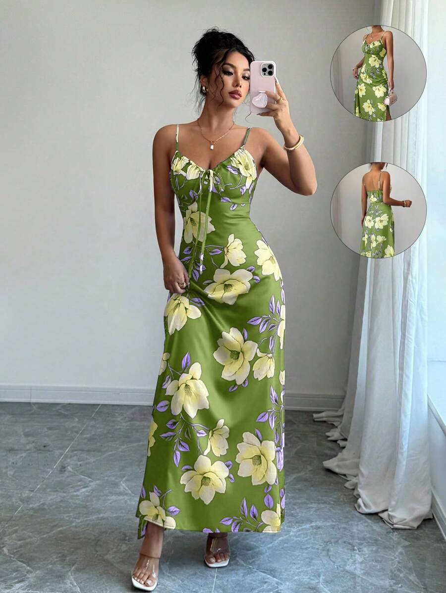 Elenzga Women's Elegant Green Floral Summer Holiday Vacation Holiday Satin Maxi Dress,Sleeveless Floral Print Vintage Waist Cinching Music Festival Mensa