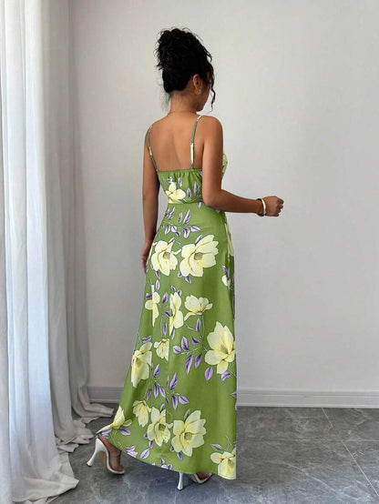 Elenzga Women's Elegant Green Floral Summer Holiday Vacation Holiday Satin Maxi Dress,Sleeveless Floral Print Vintage Waist Cinching Music Festival Mensa
