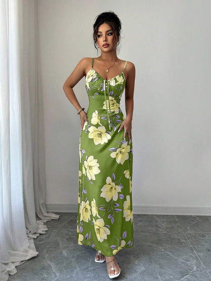 Elenzga Women's Elegant Green Floral Summer Holiday Vacation Holiday Satin Maxi Dress,Sleeveless Floral Print Vintage Waist Cinching Music Festival Mensa