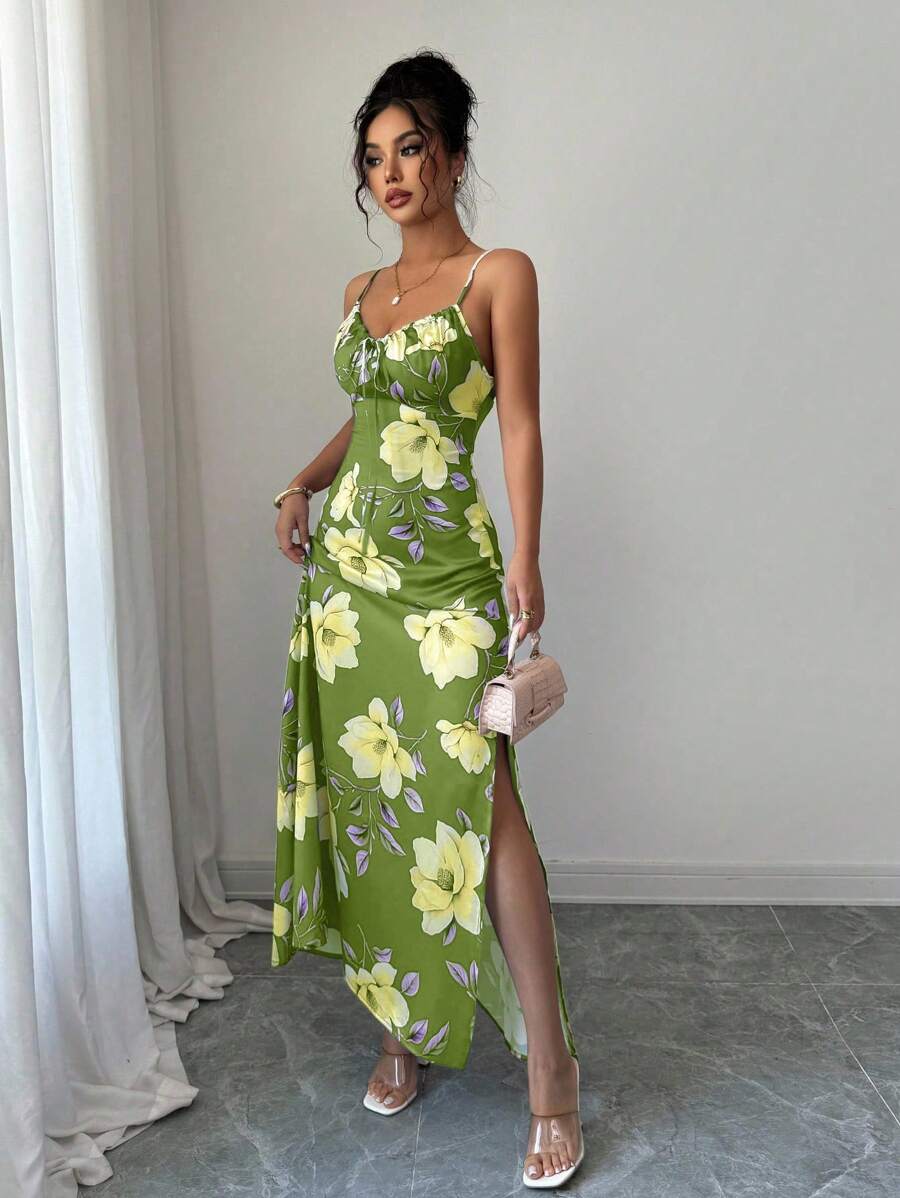 Elenzga Women's Elegant Green Floral Summer Holiday Vacation Holiday Satin Maxi Dress,Sleeveless Floral Print Vintage Waist Cinching Music Festival Mensa