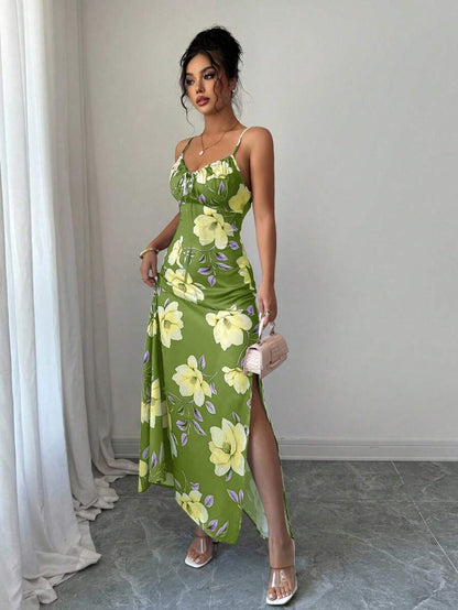 Elenzga Women's Elegant Green Floral Summer Holiday Vacation Holiday Satin Maxi Dress,Sleeveless Floral Print Vintage Waist Cinching Music Festival Mensa