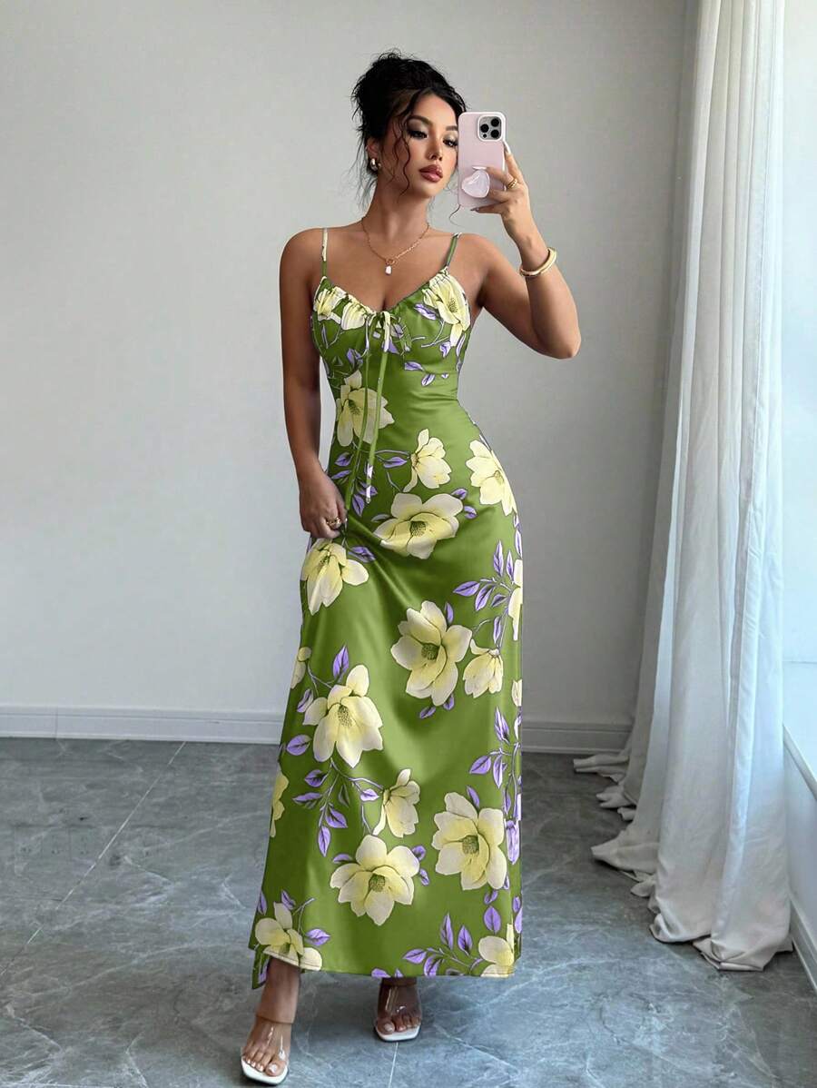 Elenzga Women's Elegant Green Floral Summer Holiday Vacation Holiday Satin Maxi Dress,Sleeveless Floral Print Vintage Waist Cinching Music Festival Mensa