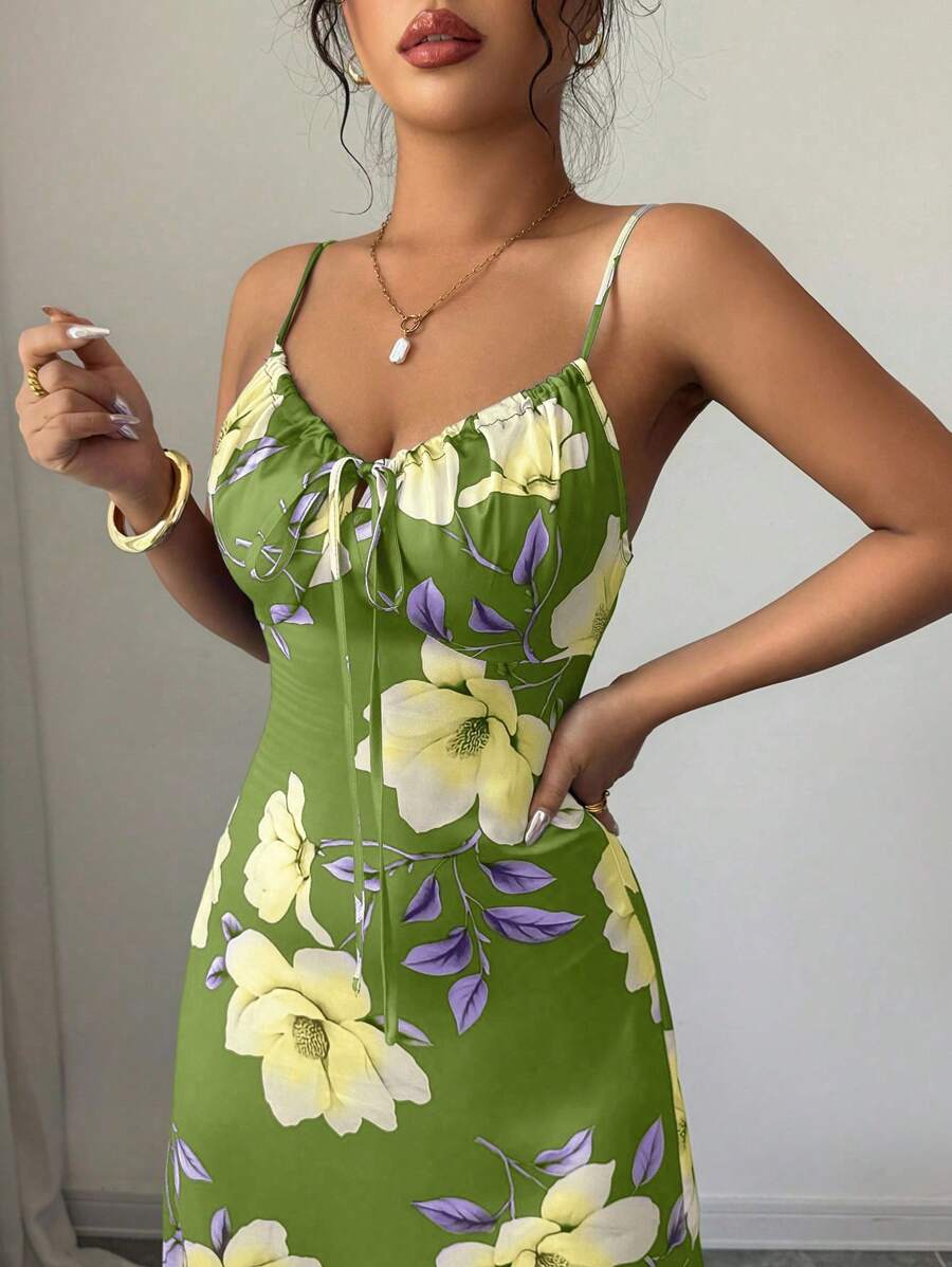 Elenzga Women's Elegant Green Floral Summer Holiday Vacation Holiday Satin Maxi Dress,Sleeveless Floral Print Vintage Waist Cinching Music Festival Mensa