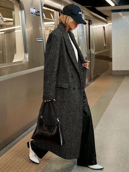 Delfina Double Breasted Herringbone Long Coat with Lapels - Salt and Pepper