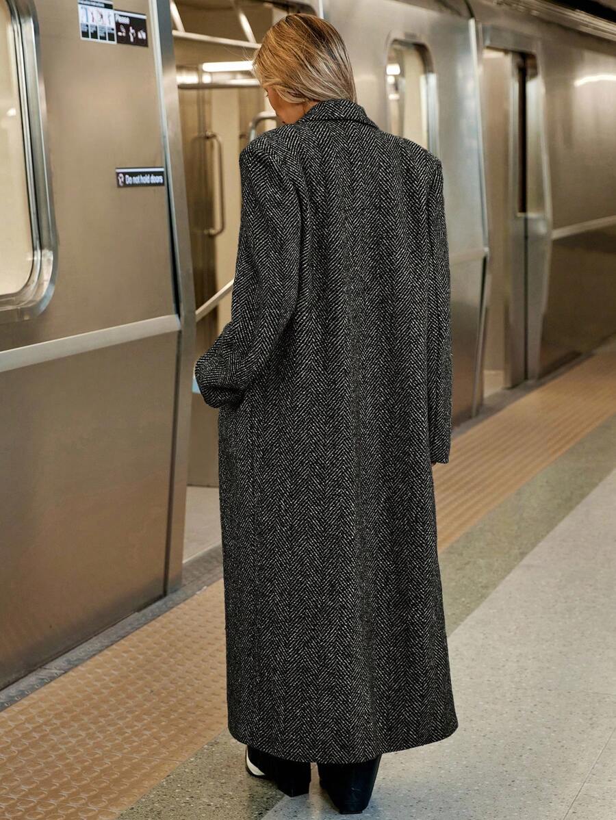 Delfina Double Breasted Herringbone Long Coat with Lapels - Salt and Pepper