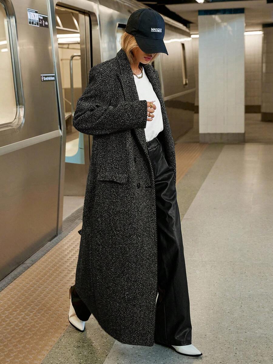 Delfina Double Breasted Herringbone Long Coat with Lapels - Salt and Pepper