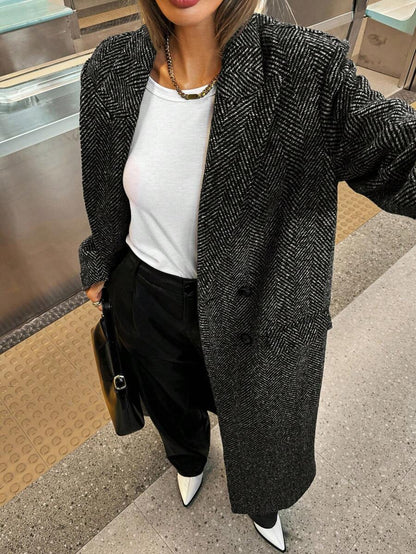 Delfina Double Breasted Herringbone Long Coat with Lapels - Salt and Pepper