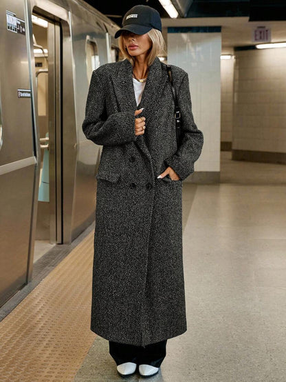 Delfina Double Breasted Herringbone Long Coat with Lapels - Salt and Pepper