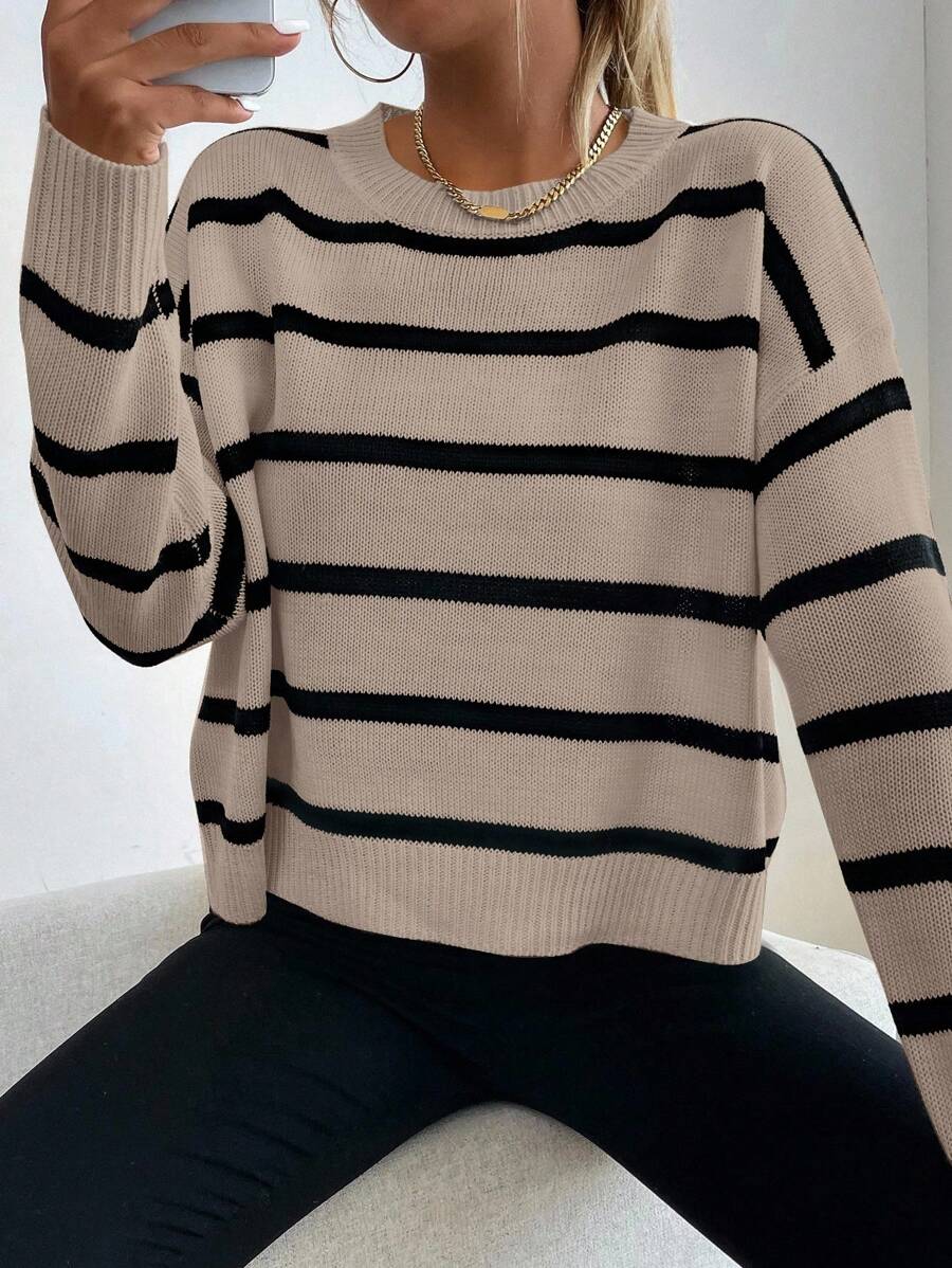 Audrey Striped Drop Shoulder Pullover Sweater - Beige