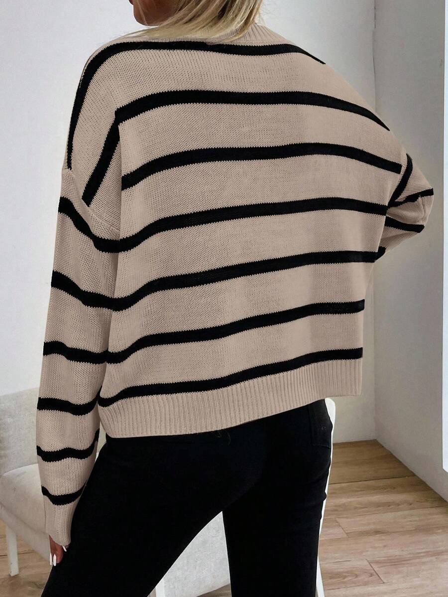Audrey Striped Drop Shoulder Pullover Sweater - Black and White