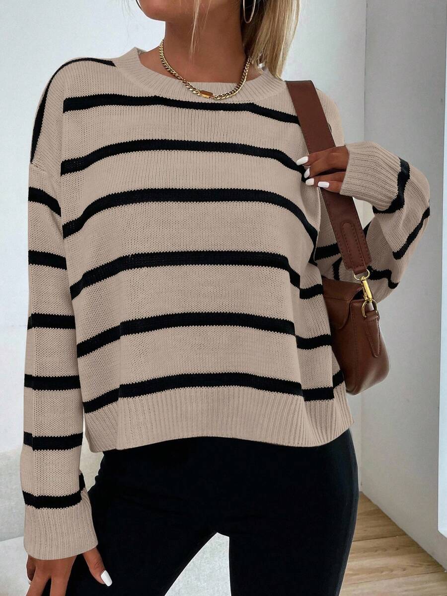 Audrey Striped Drop Shoulder Pullover Sweater - Olive Green