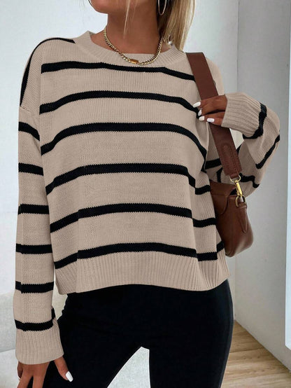 Audrey Striped Drop Shoulder Pullover Sweater - Olive Green