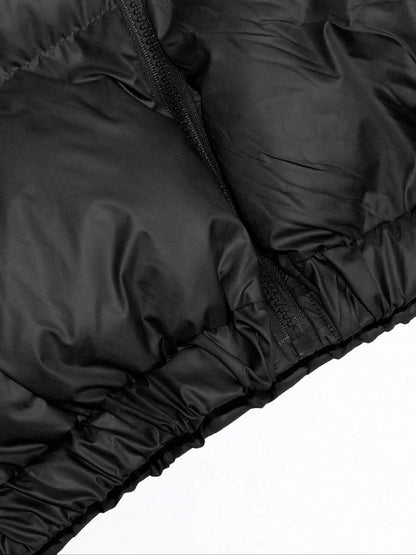 Allegra Cropped Puffer Jacket with Funnel Neck and Zip Front - Black