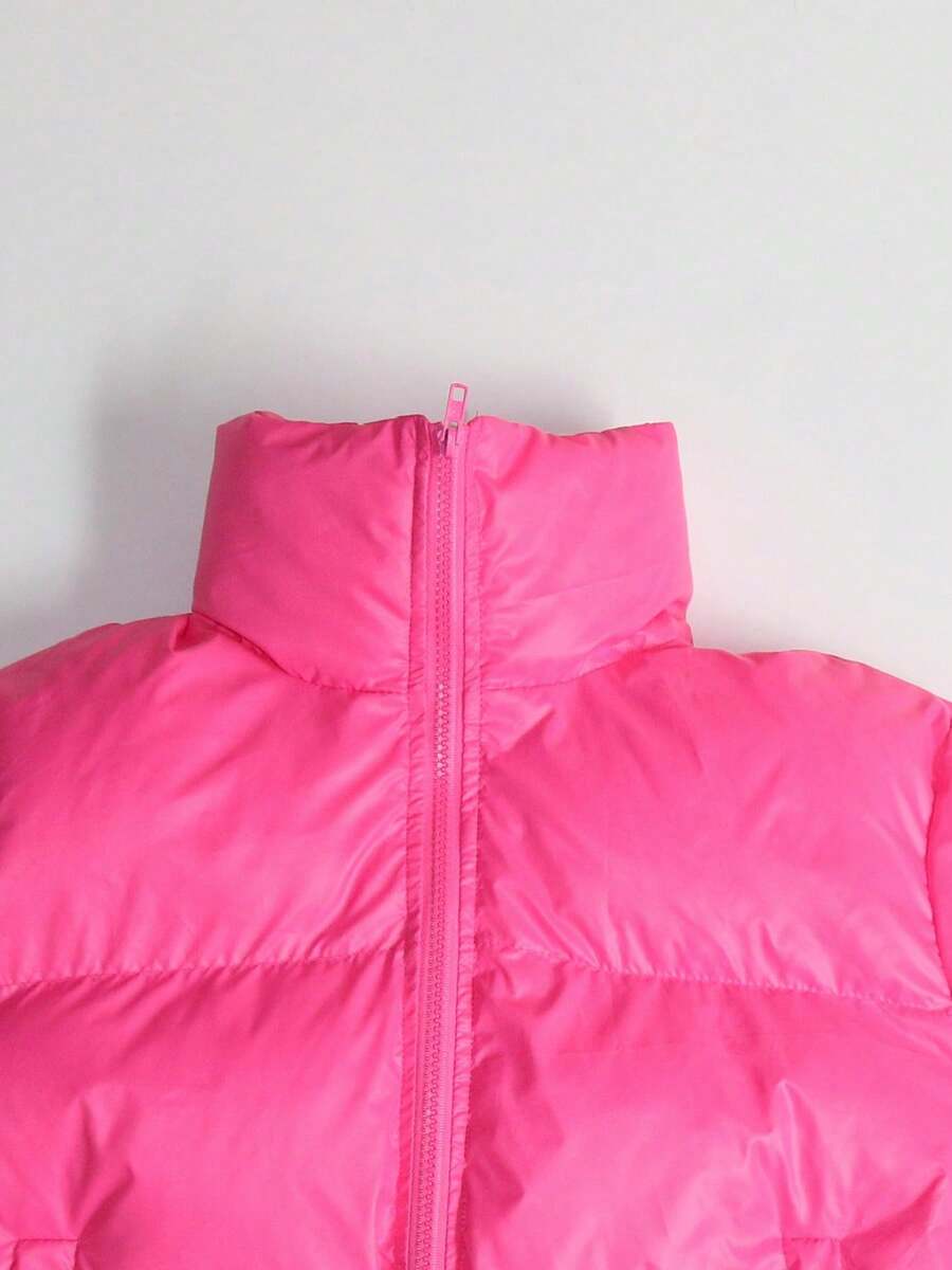 Allegra Cropped Puffer Jacket with Funnel Neck and Zip Front - Hot Pink