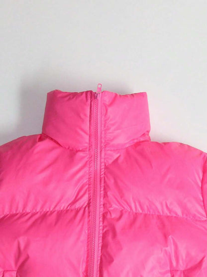 Allegra Cropped Puffer Jacket with Funnel Neck and Zip Front - Hot Pink