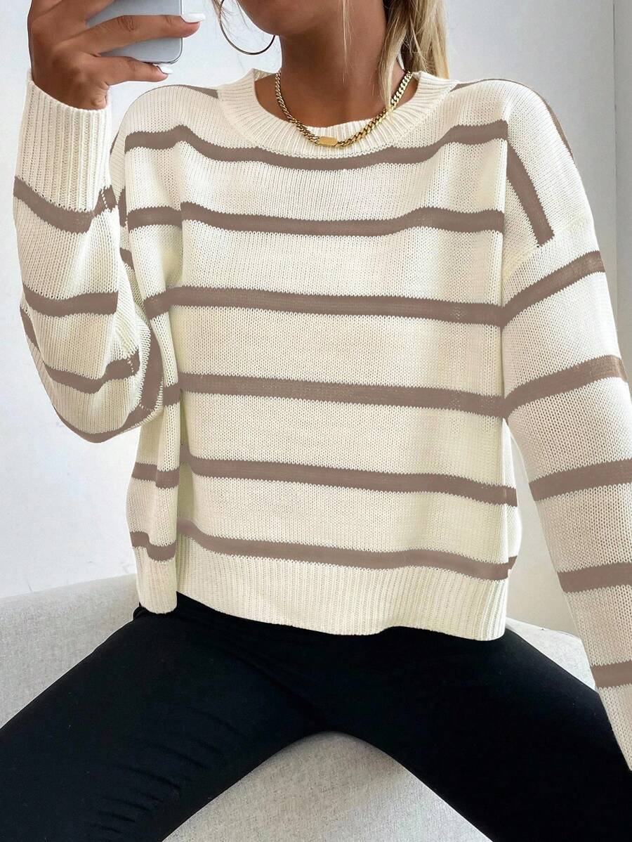Audrey Striped Drop Shoulder Pullover Sweater - White
