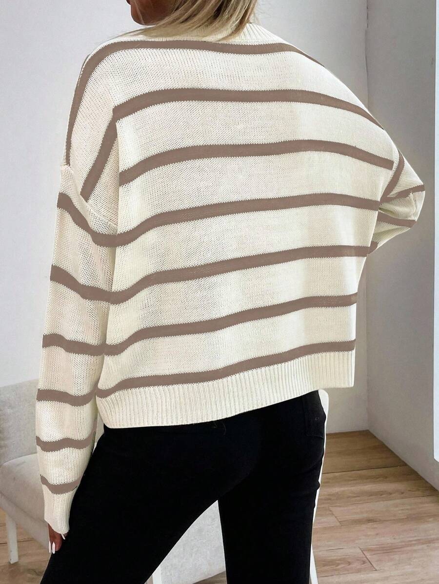 Audrey Striped Drop Shoulder Pullover Sweater - Beige