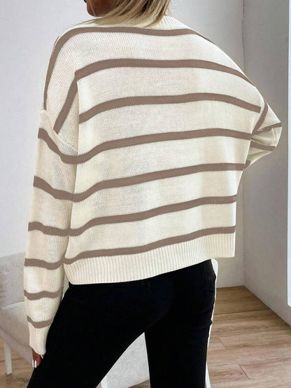 Audrey Striped Drop Shoulder Pullover Sweater - Beige